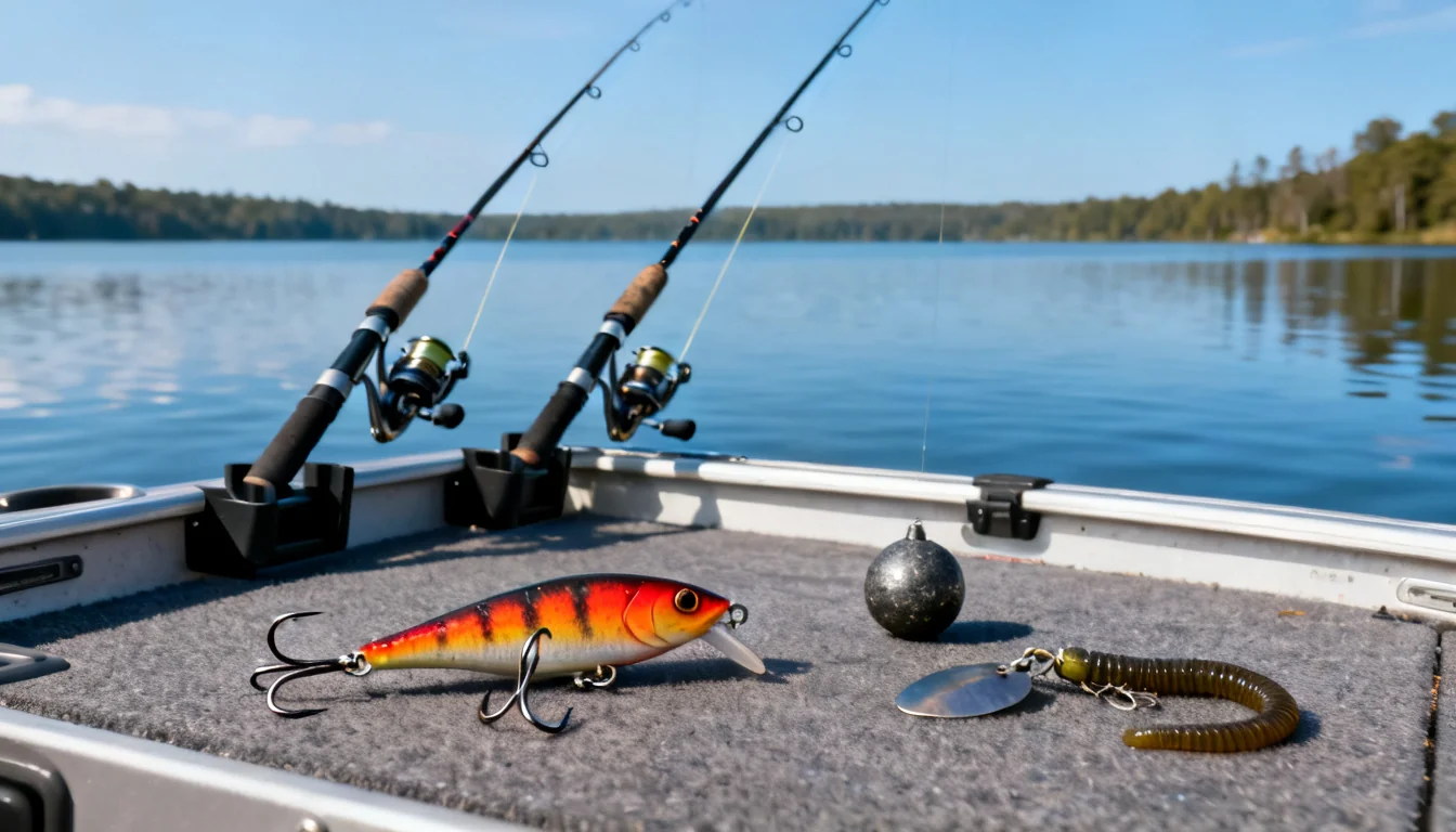 Walleye trolling tackle with rods in holders, crankbait, bottom bouncer, and spinner harness