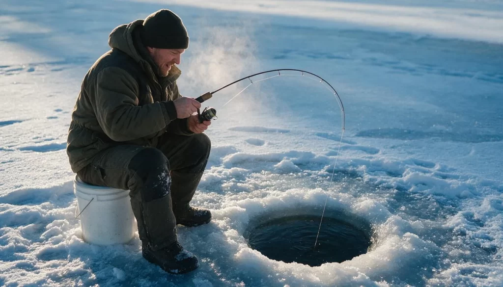 Angler fighting a yellow perch on an ice fishing rod