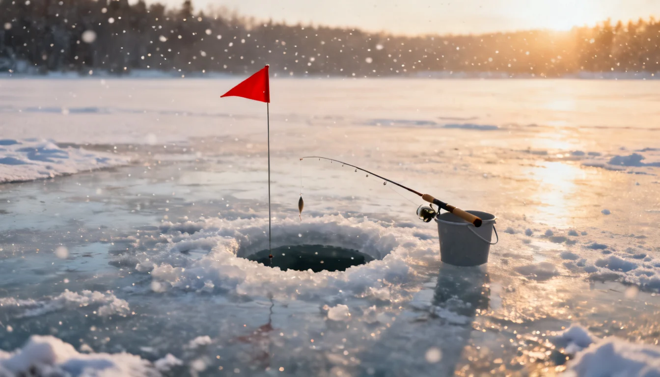 Tip-up and jigging rod set over a hole in the ice