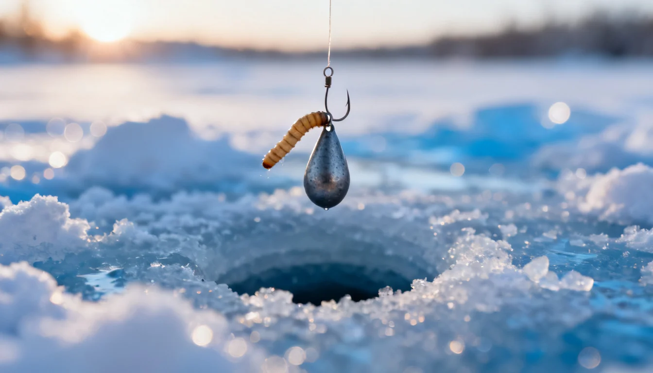 Tungsten teardrop jig tipped with a waxworm for ice fishing