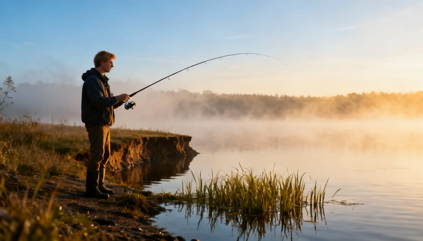 Angler fishing from the shore toward a shallow weed edge at dawn