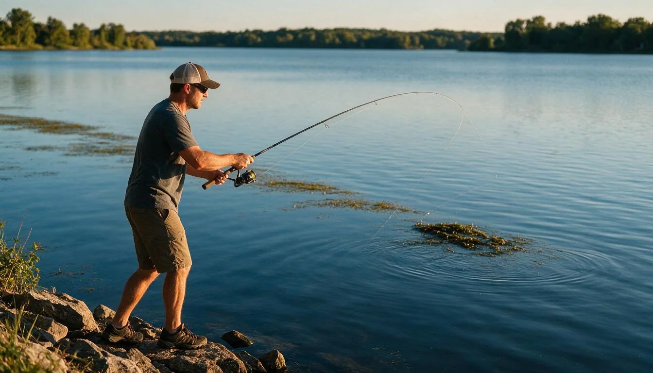 Angler casting toward weed lines and points on a lake at golden hour