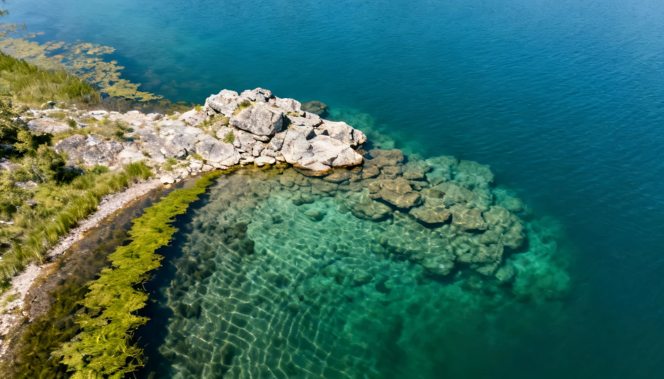 Aerial view of lake structure with a rocky point, weed line, and drop-off