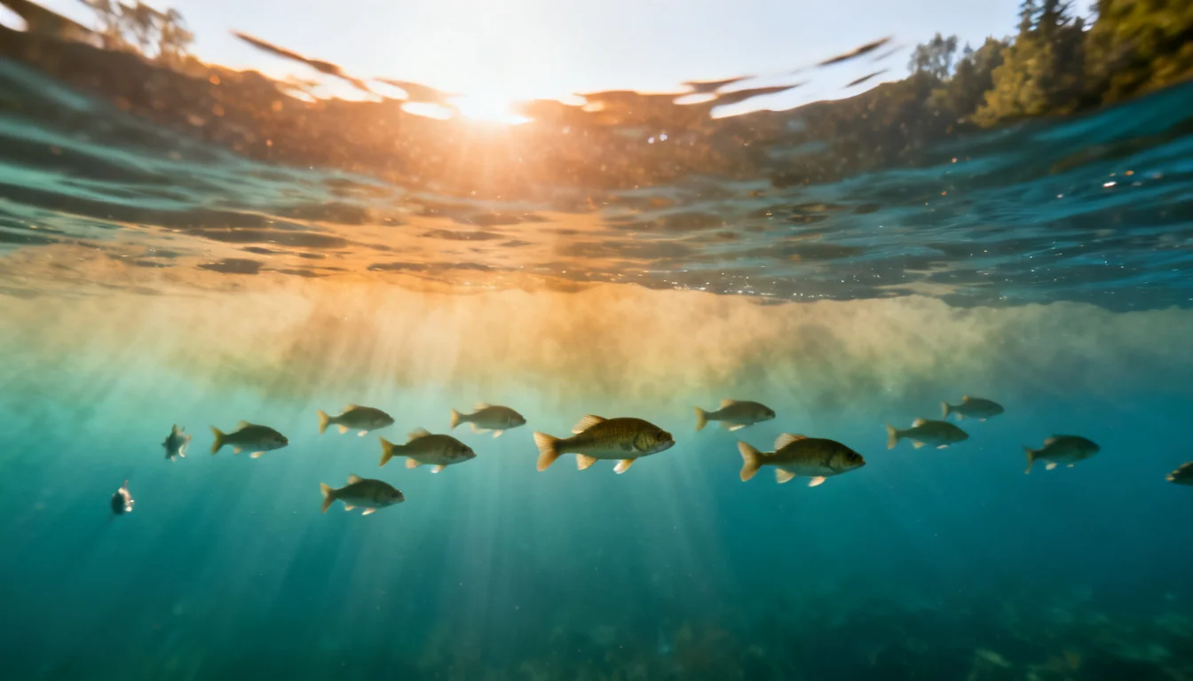 Underwater view of the summer thermocline with bass holding above the temperature break