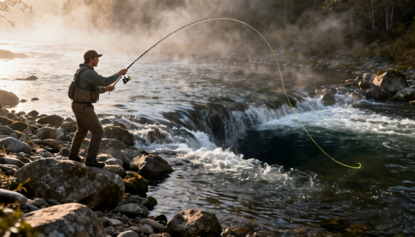 Casting upstream at an angle to drift bait through a deep pool