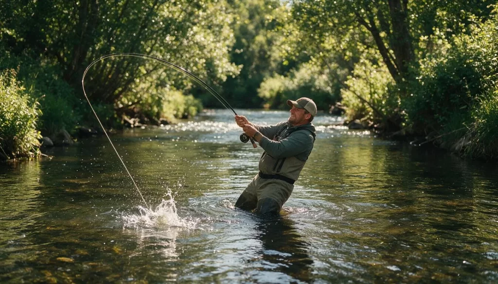 Angler wading a clear small stream with rod bent deep while fighting a fish, line tight and water splashing
