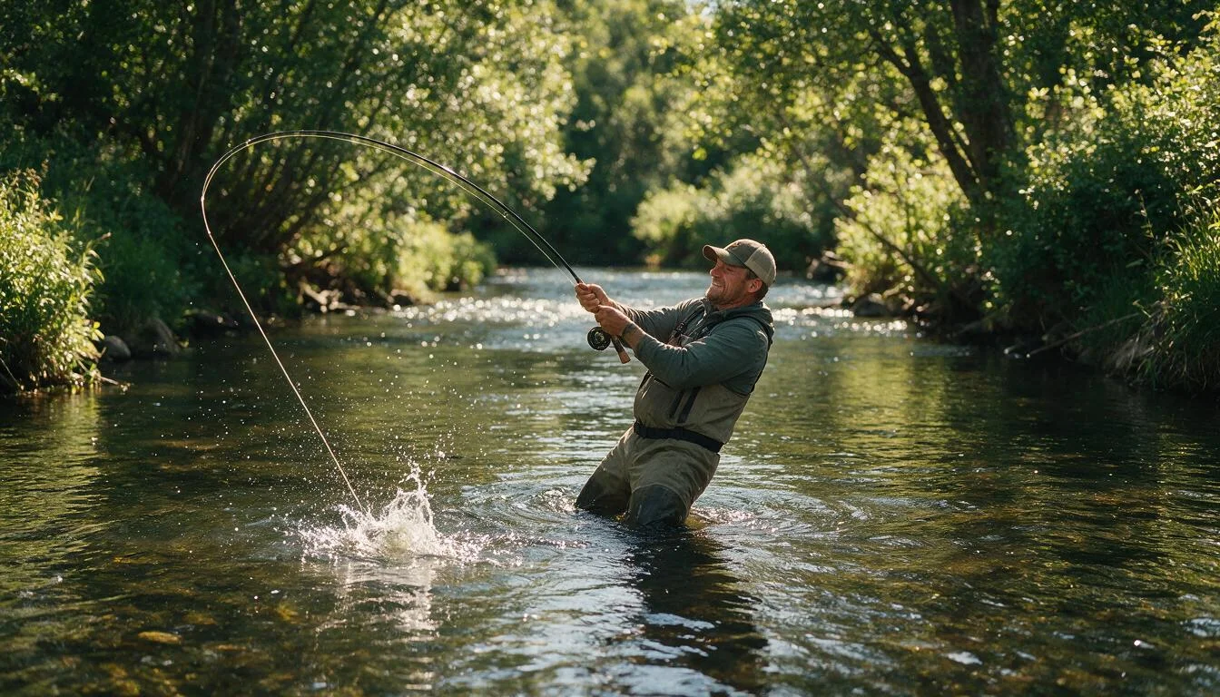 Angler wading a clear small stream with rod bent deep while fighting a fish, line tight and water splashing