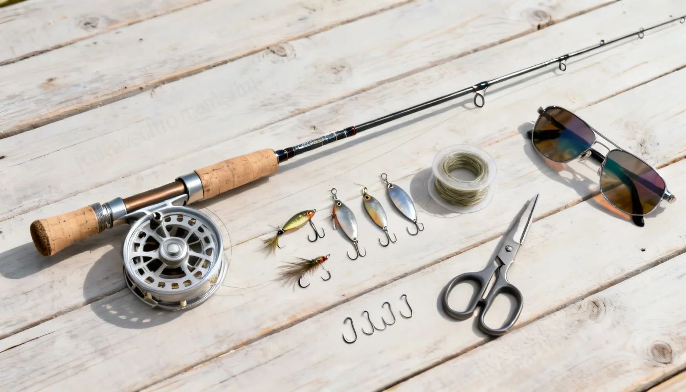 Flat lay of a light small-stream fishing kit: ultralight rod, small spinners and spoons, thin line, hooks, scissors and sunglasses