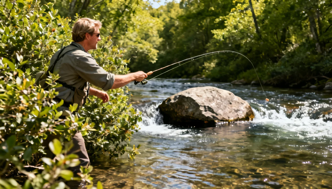 Angler making a low sidearm cast into a pocket of slack water behind a boulder on a brushy creek