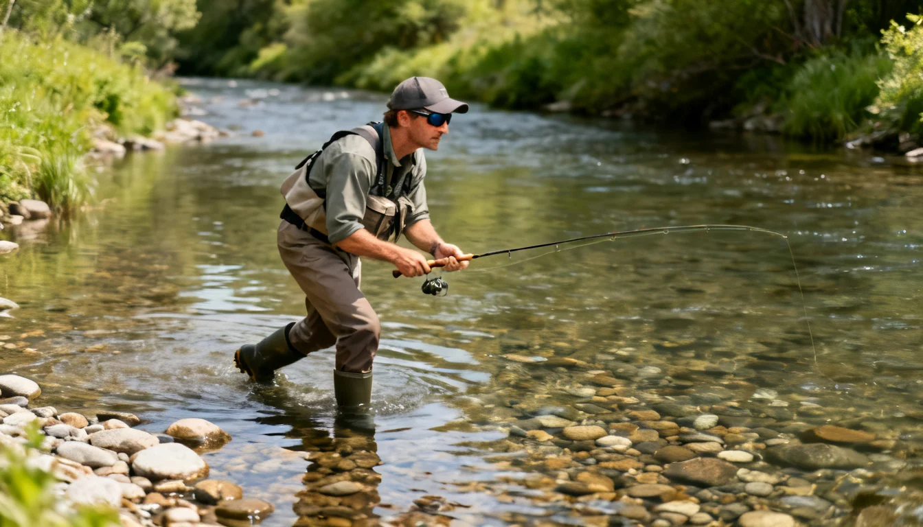 Angler wading slowly and low through shallow clear creek water wearing polarized sunglasses