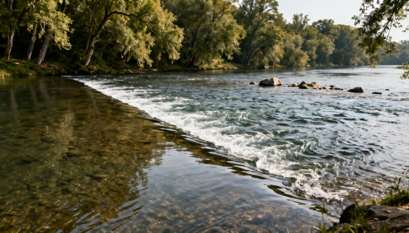 Current seam where smooth water meets rippled water on a river