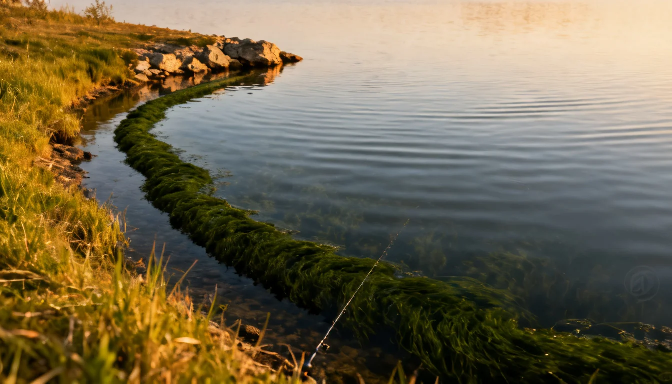 Weed line and rocky point on a lake — edges where fish hold