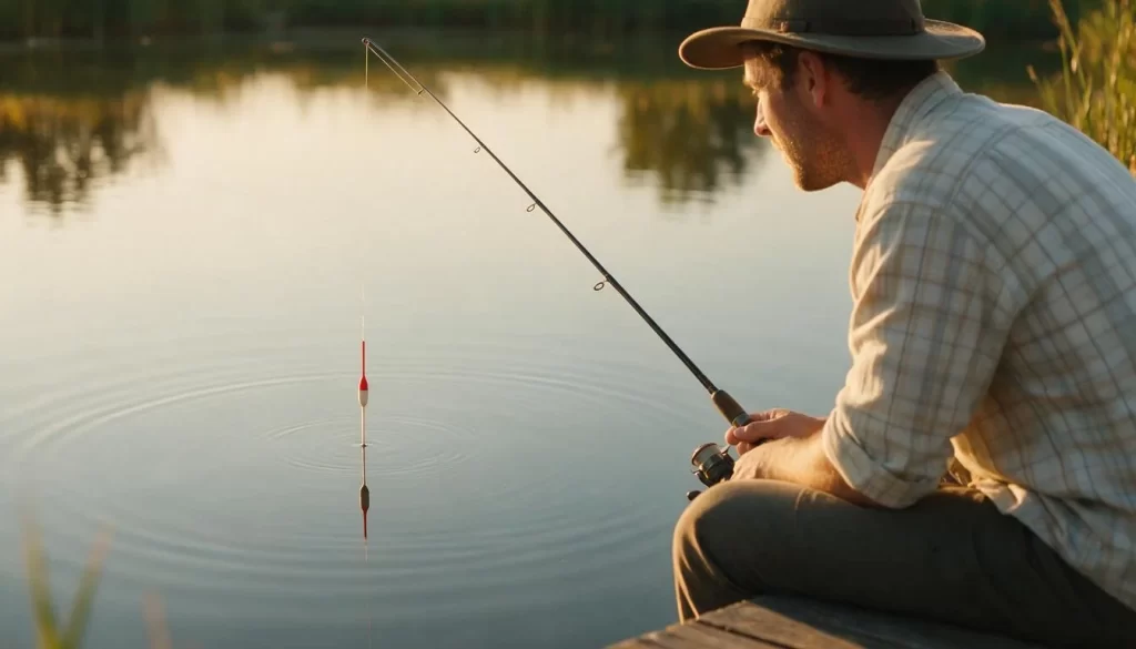 Angler watching a tuned float on a calm pond at golden hour
