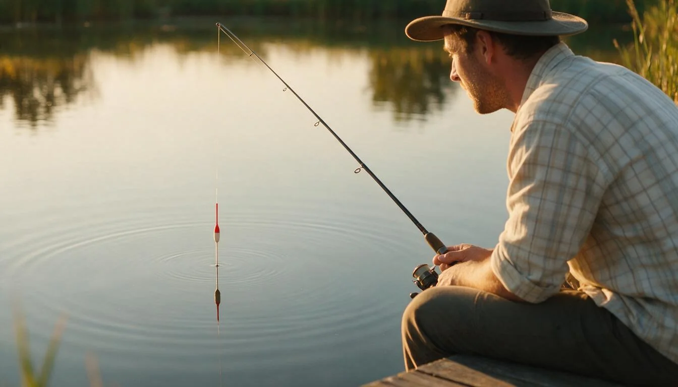 Angler watching a tuned float on a calm pond at golden hour