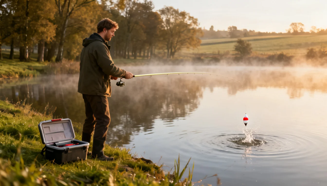 Angler casting a float rig on a misty farm pond at sunrise