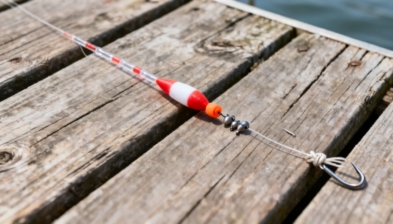 Fixed float rig with split shot and small hooks laid on a wooden dock
