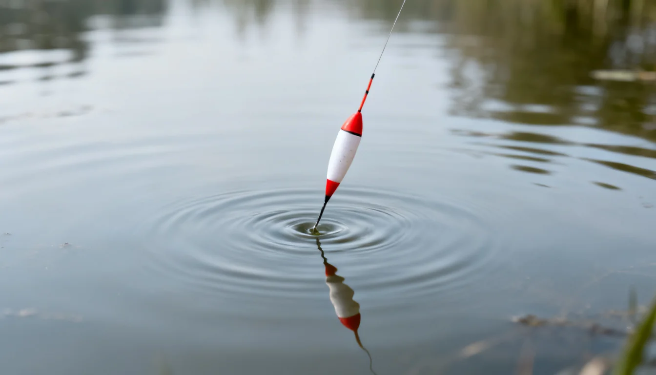Float tip pulled down in a sharp bite on a calm pond