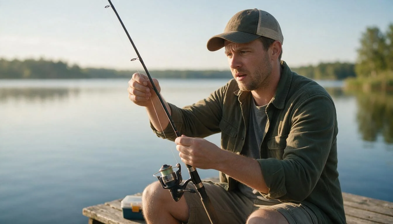 Beginner angler threading fishing line through the rod guides while setting up a spinning rod on a dock