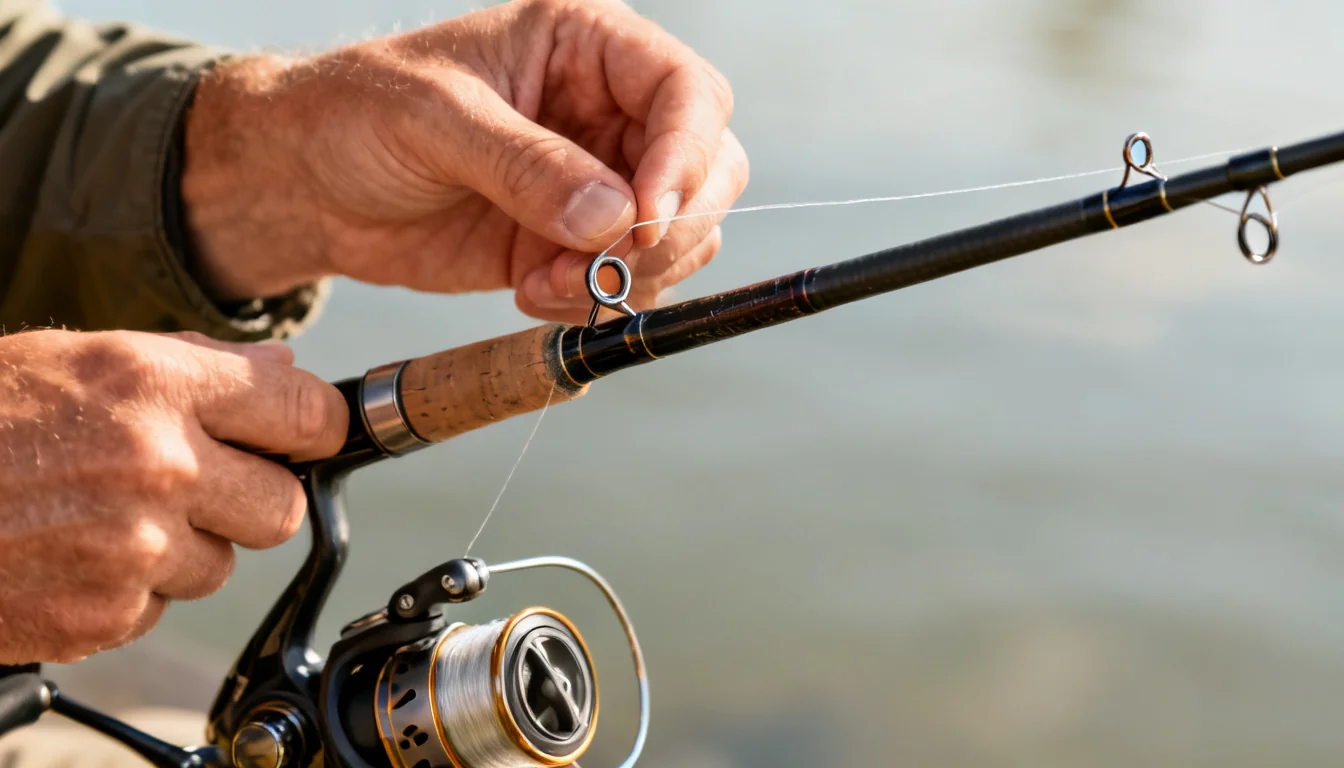 Hands threading monofilament fishing line through the rod guides from the reel toward the rod tip