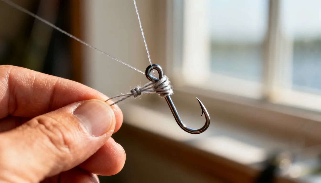 Fingers tying a clinch knot on a small fishing hook with monofilament line