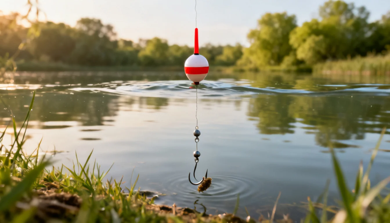 Classic beginner bobber rig with red-and-white bobber floating upright, split shot and baited hook below