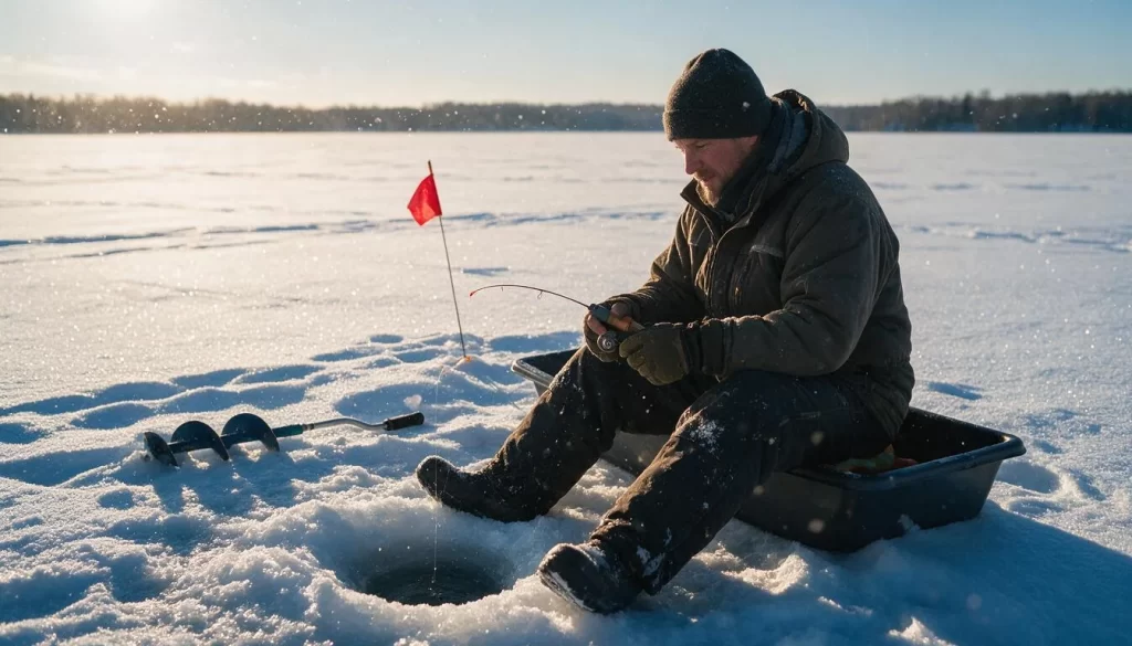 Ice fishing basics on a frozen lake: an angler jigging a hole with a tip-up flag in the snow