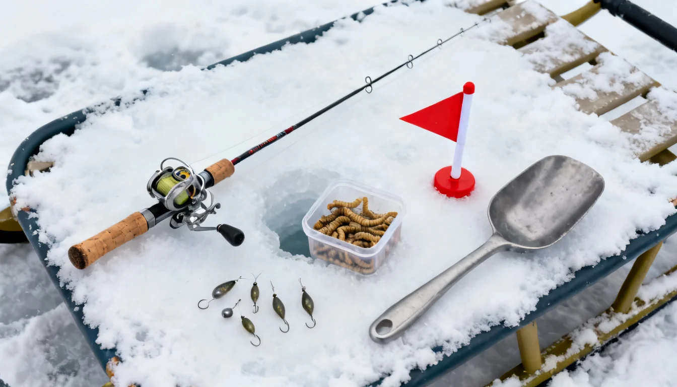 Starter ice fishing gear: short ice rod, tungsten jigs, waxworms, and a tip-up on a sled