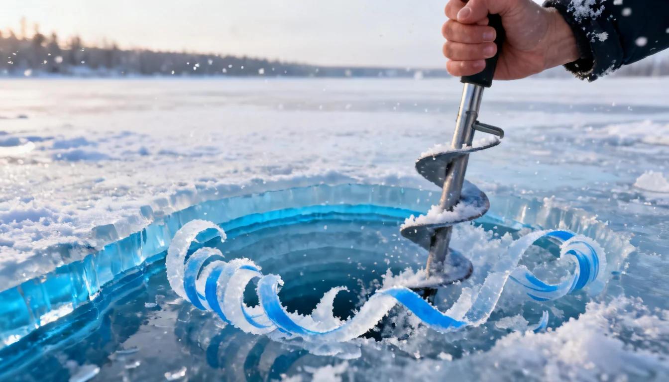 Hand auger drilling through clear blue ice to check ice thickness before ice fishing