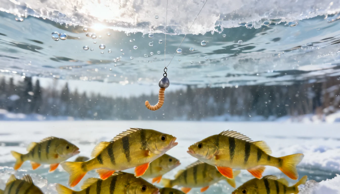 Underwater view of a jig tipped with a waxworm falling toward a school of yellow perch