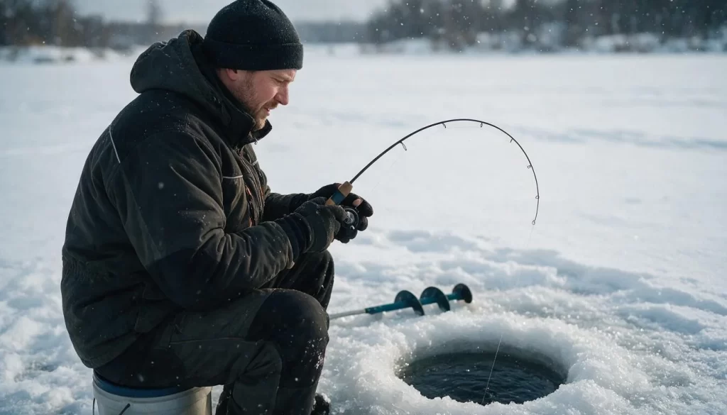 Angler ice fishing through a hole in the ice with a bent rod