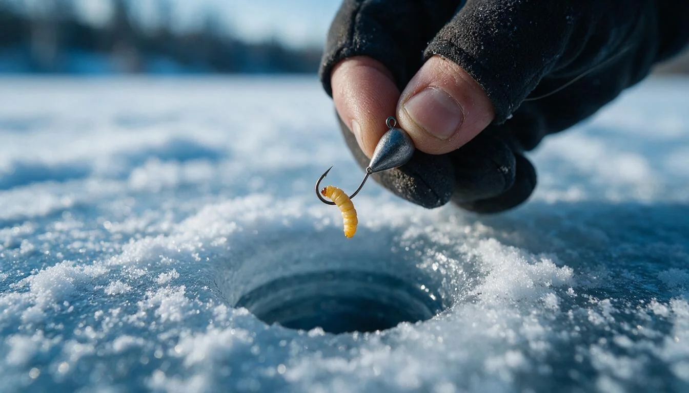Tungsten teardrop jig tipped with a waxworm over an ice hole