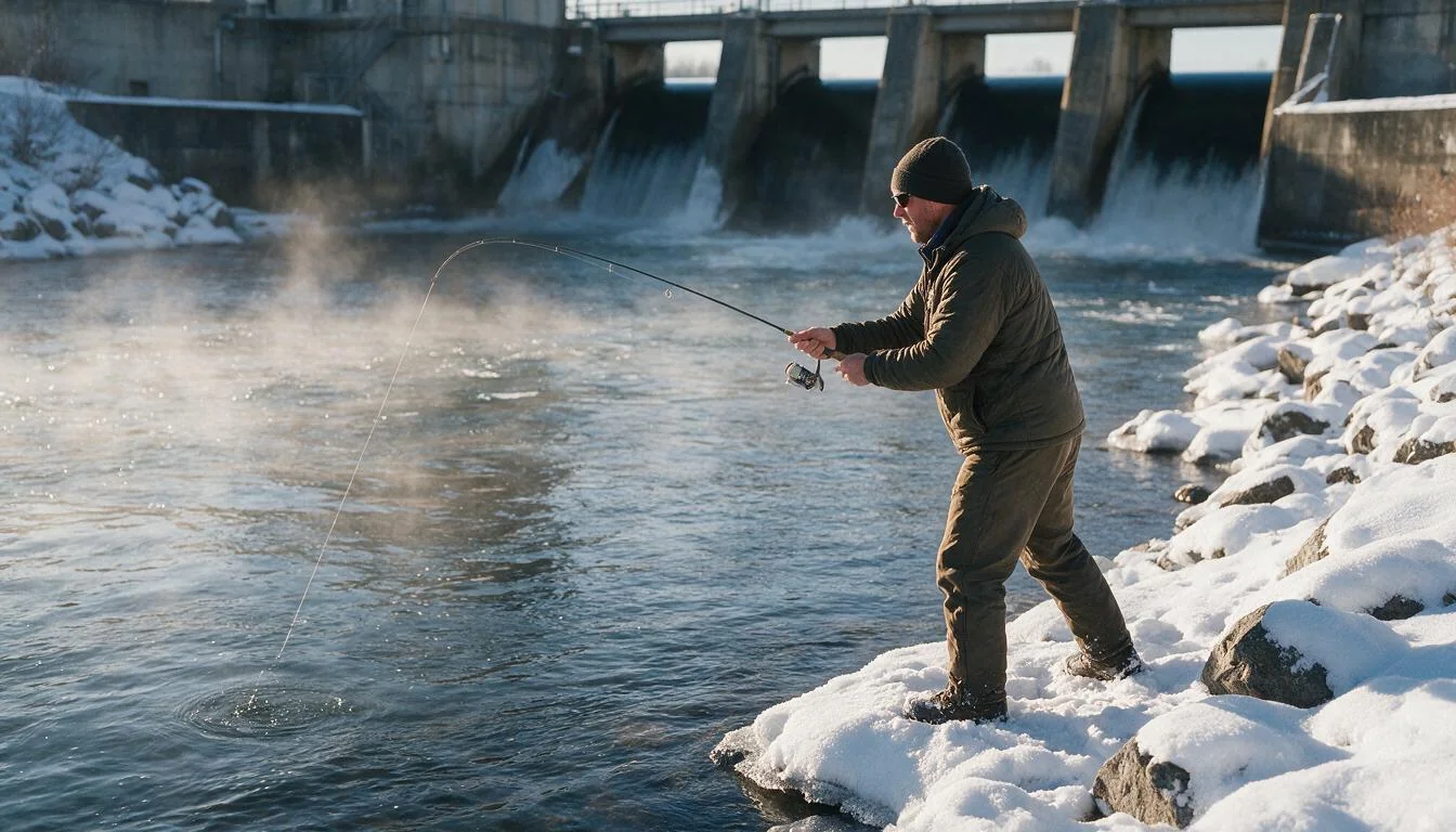 Angler casting into an open tailwater below a dam in winter