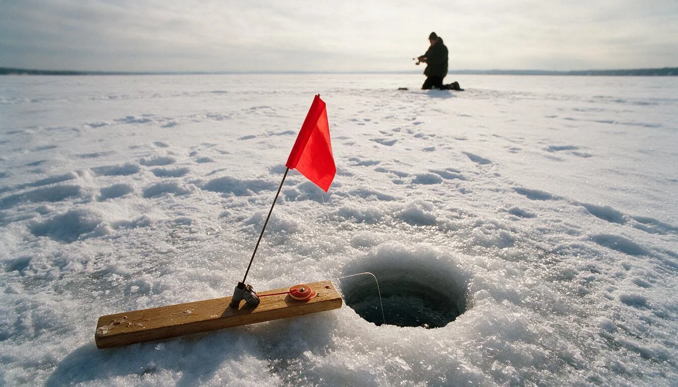 Ice fishing tip-up with red flag popped over a hole in the ice