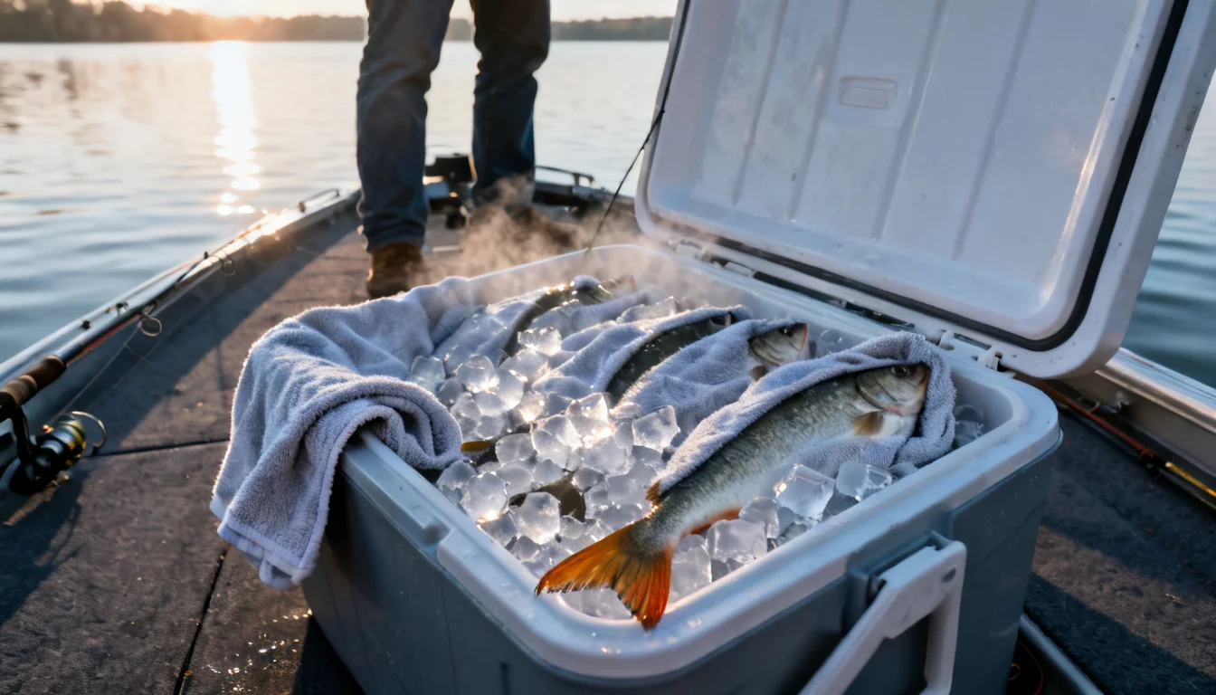 Cooler packed with crushed ice and fish wrapped in wet towels on a boat deck