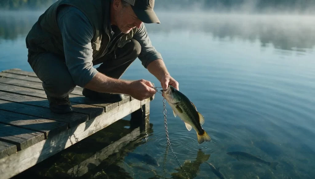 Angler clipping a bass onto a chain stringer in cool shallow water