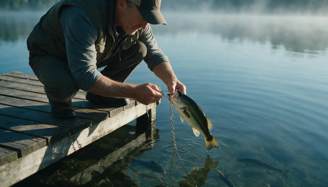Angler clipping a bass onto a chain stringer in cool shallow water