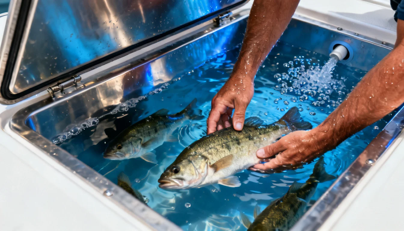 Bass swimming in an open boat live well with aerator bubbles