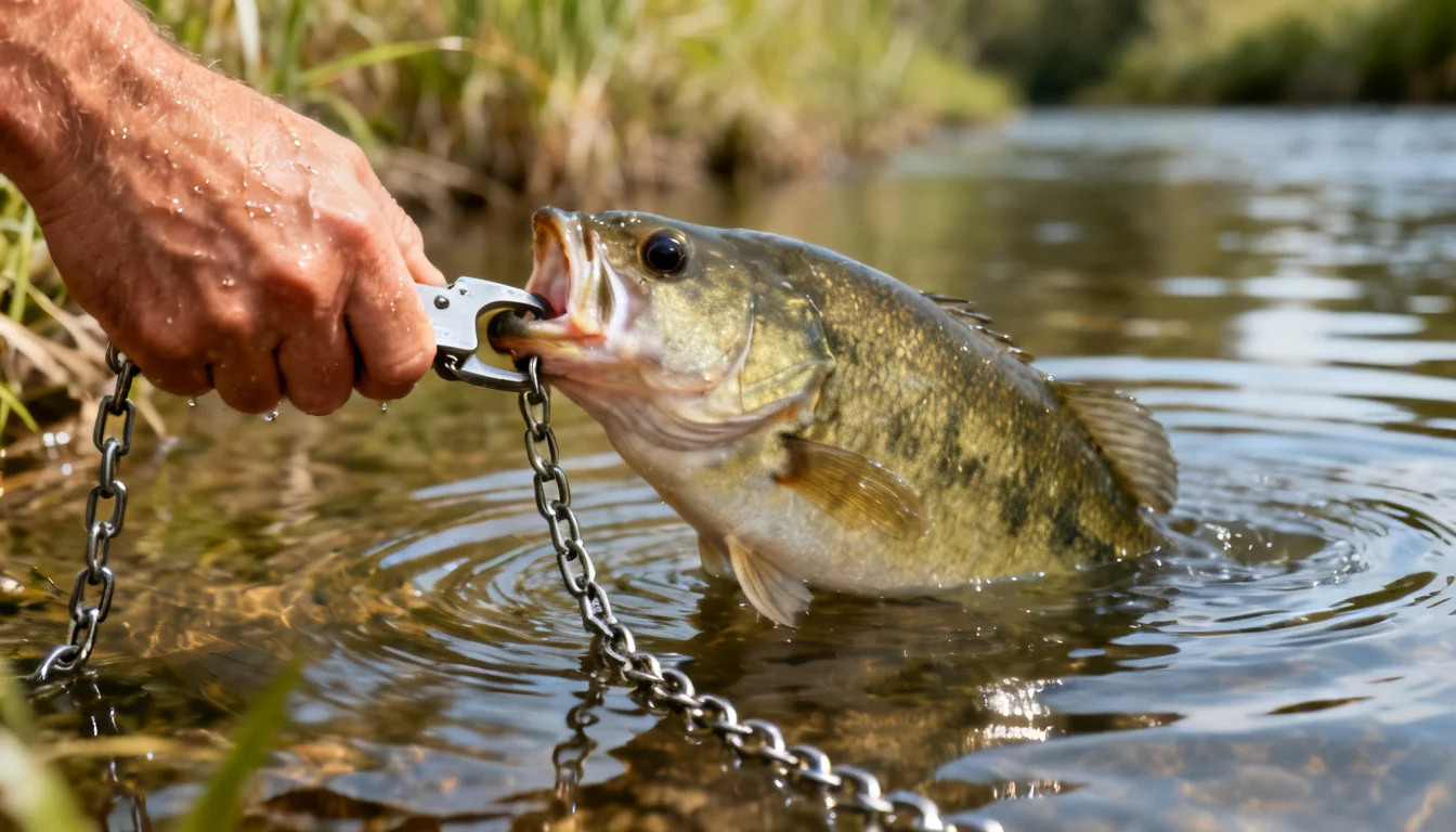 Close-up of a hand clipping a fish lower lip onto a stringer clip in the water