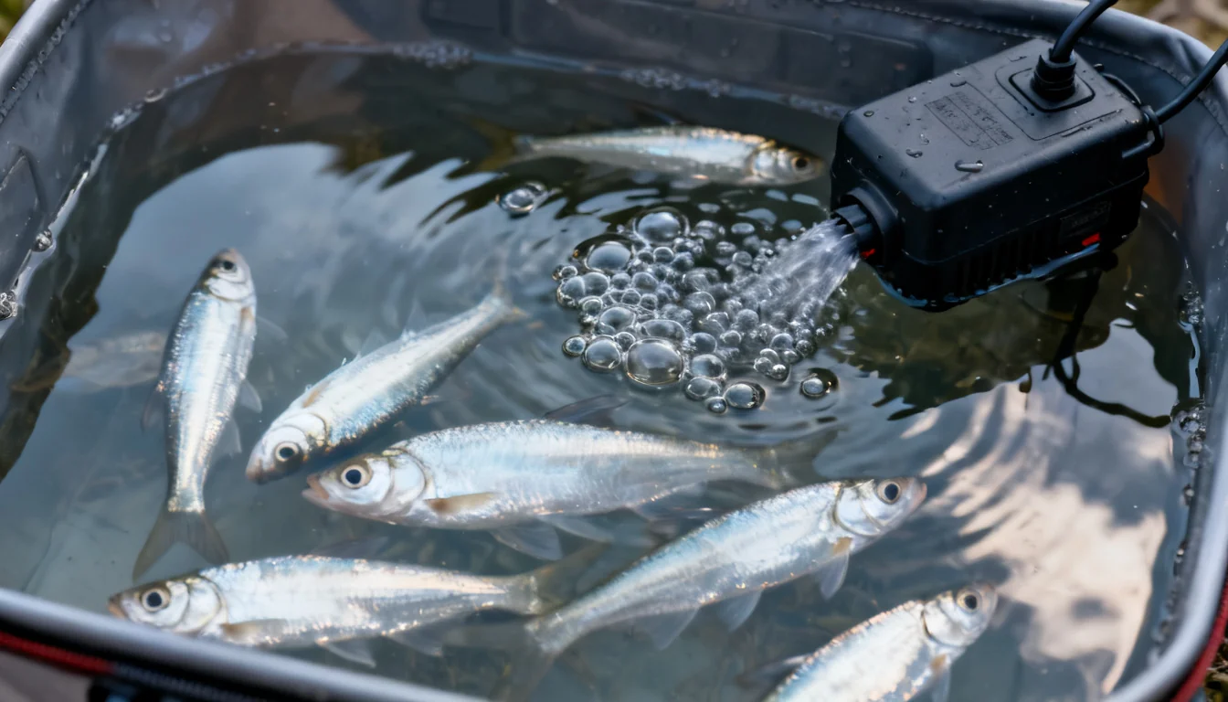 Live bait bucket with a battery aerator keeping minnows fresh
