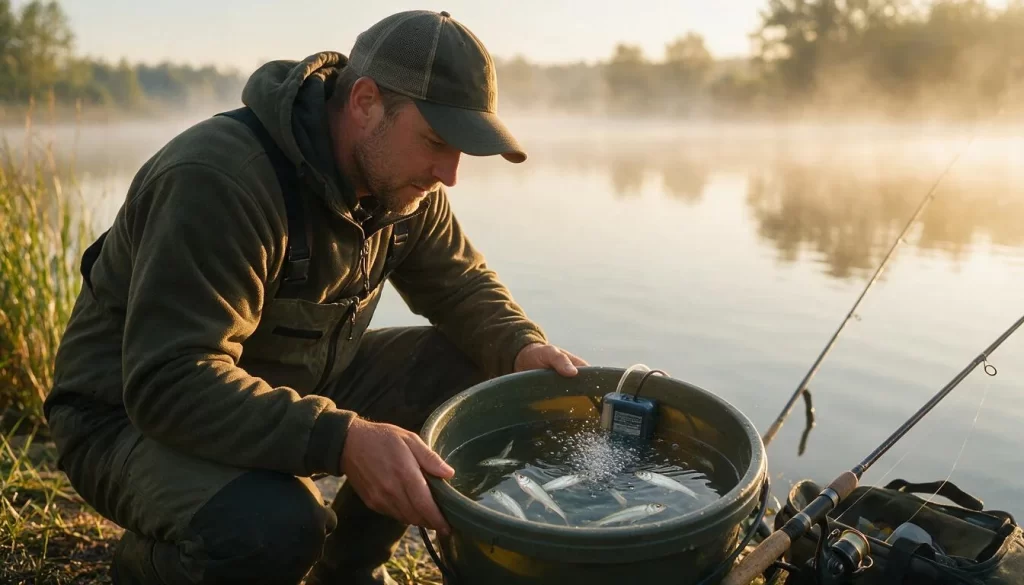 Angler checking live bait minnows in an aerated bait bucket at sunrise