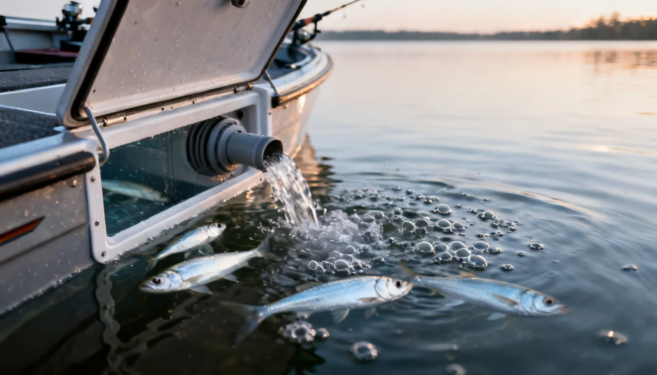 Boat live well with recirculating pump keeping baitfish alive