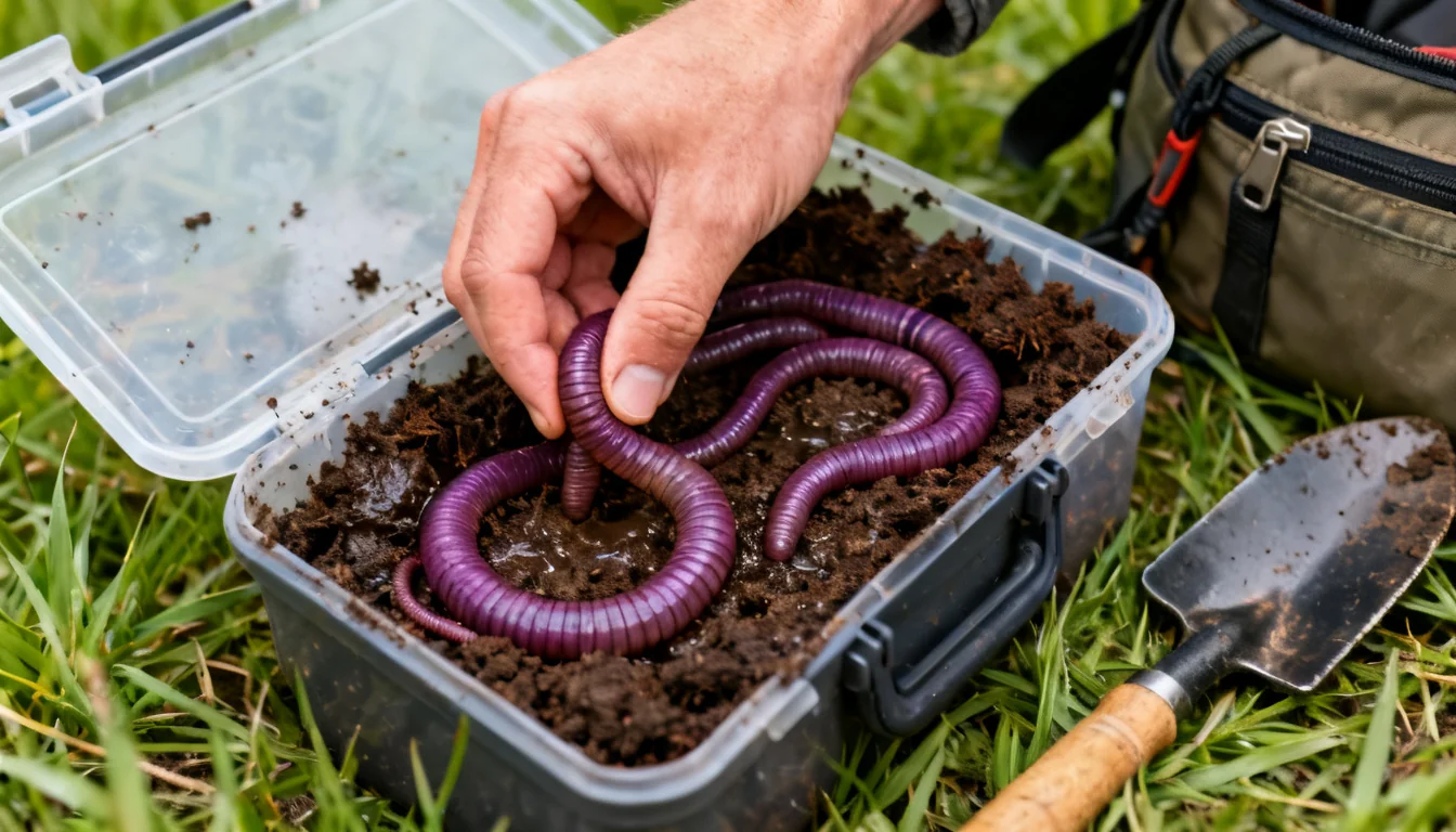 Nightcrawlers in cool peat moss bedding ready for fishing