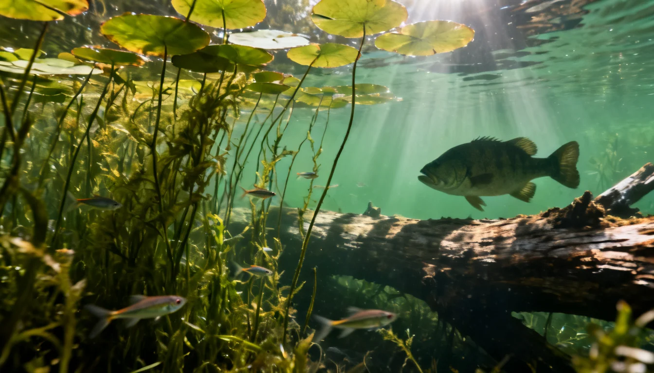 Largemouth bass habitat — weed beds, timber and structure where bass hide