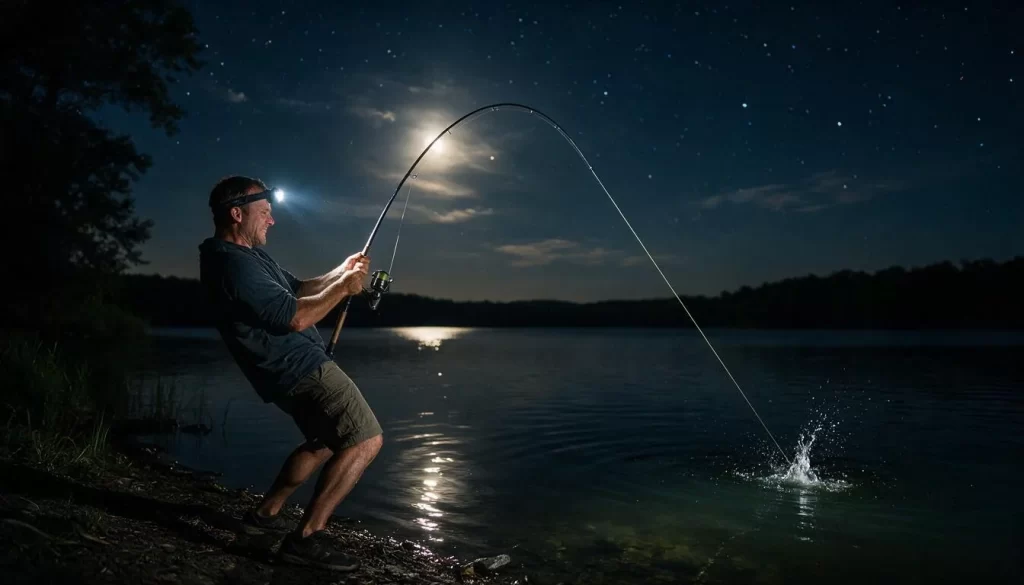Angler fighting a bass on a moonlit lake at night, rod bent, headlamp glowing