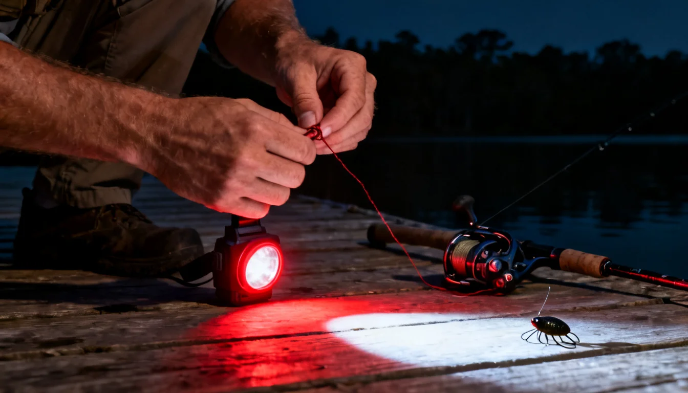 Angler tying a knot by red headlamp light on a dock at night