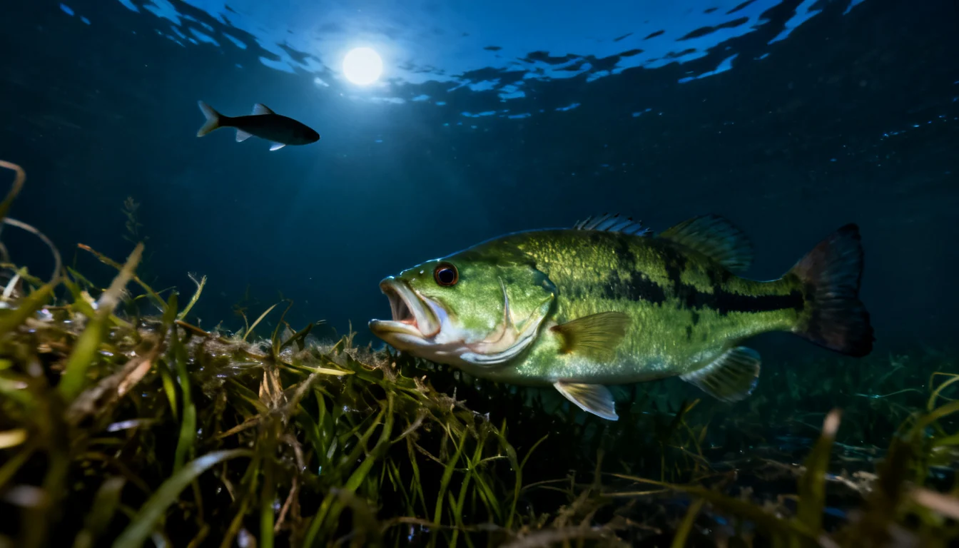 Largemouth bass ambushing baitfish at a weed line in shallow water at night