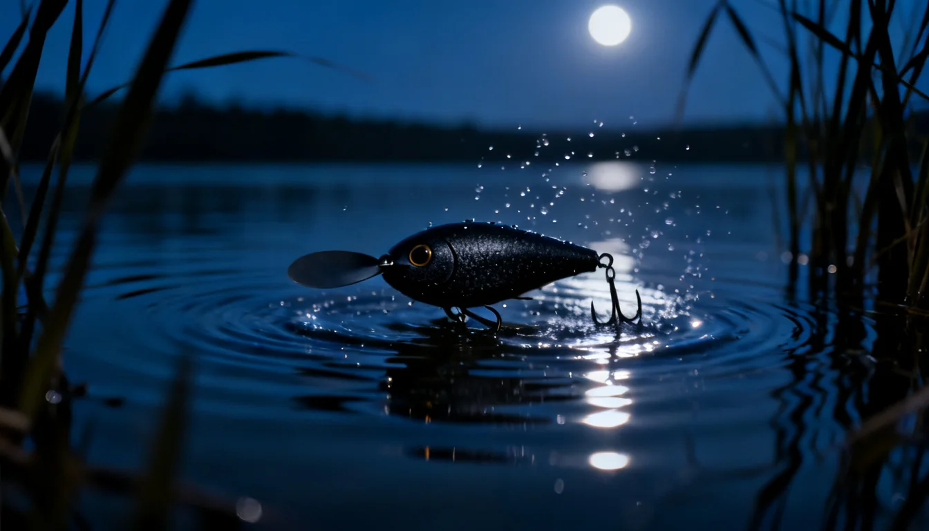 Black buzzbait topwater lure on dark water at night