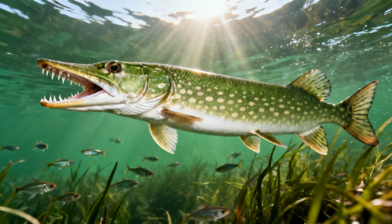 Northern pike ambushing a school of baitfish in weedy water