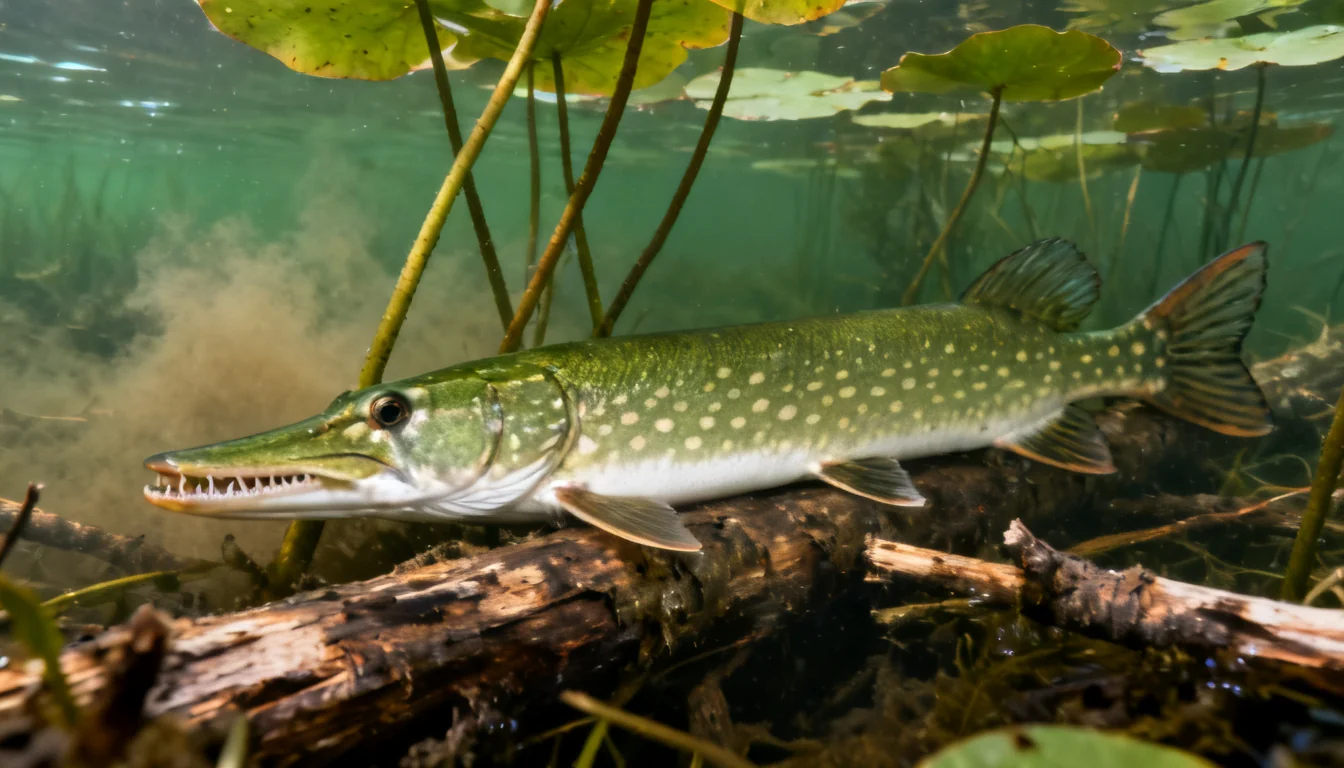 Northern pike habitat: weedy bay with lily pads and flooded timber