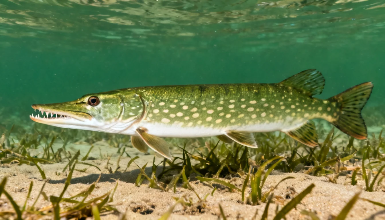 Northern pike identification: pale bean-shaped spots and duckbill snout